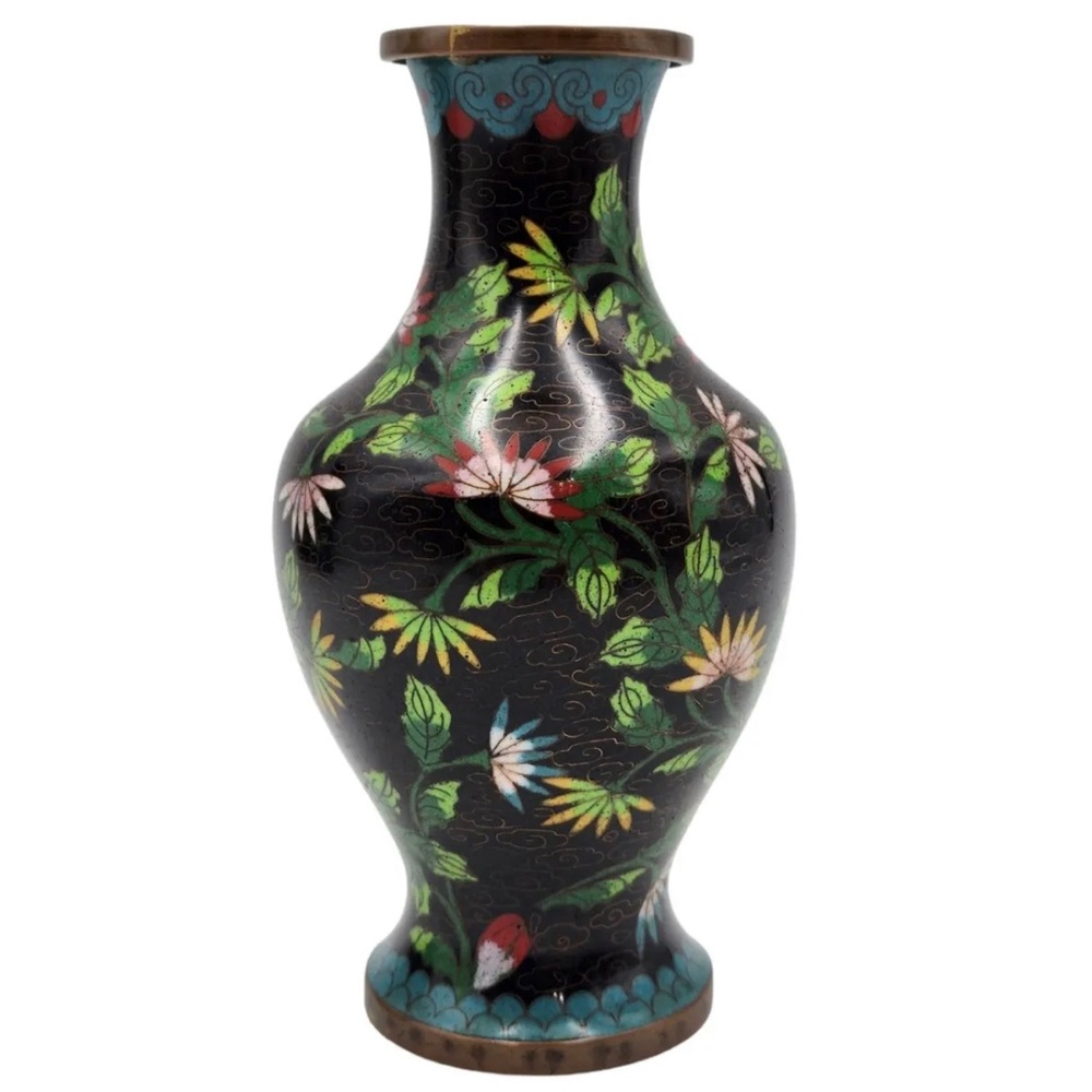Pristine Vintage Chinese Copper Cloisonne Black Lotus Design Vase